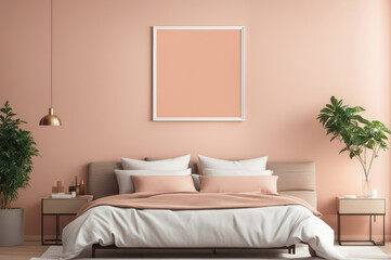 Fototapeta na wymiar Elegant Bedroom Interior with Peach Bedding and Modern Decor