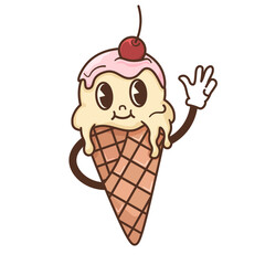 Vector Mascot Ice cream. Mascot logo design. No background, street food. Cartoon. Groovy character.