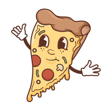 Vector Mascot Pizza. Mascot logo design. No background, street food. Cartoon. Groovy character.