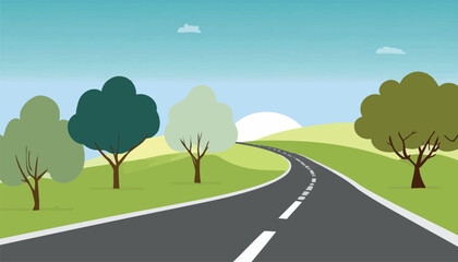 Vector drawing of flat landscape with a road and trees