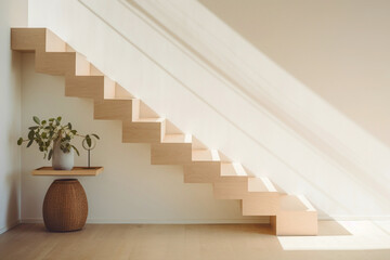 Soft morning light gently illuminating a minimalist Scandinavian staircase, showcasing clean lines...