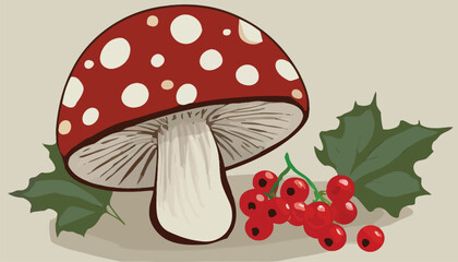  Vector drawing of flat mushroom, toadstool cap and red curran