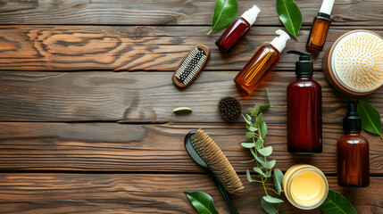 Hair treatment products on wooden table top.