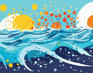 Vector drawing of flat sea in bright colors with splashes