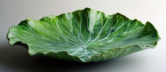 A large green leafy bowl is placed on top of a table, showcasing its vibrant color and intricate details. The bowl stands out against the simple background, drawing attention to its natural beauty.