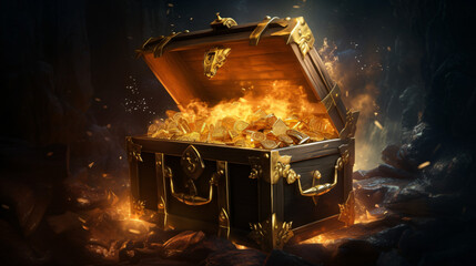 Half open the glowing ancient treasure chest gold.