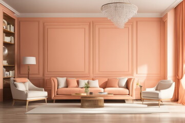 Fototapeta na wymiar Chic Peach-Toned Living Room Interior with Elegant Furniture