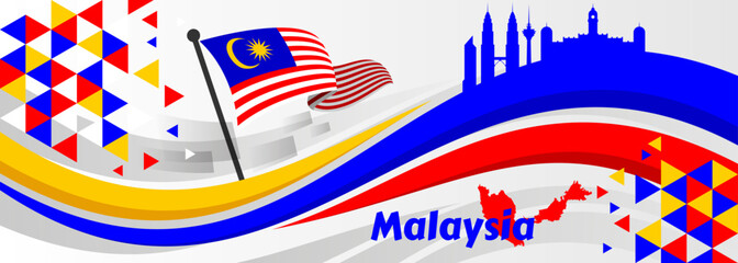 31 August - Malaysia Independence Day greeting banner. Malaysian with Jalur Gemilang (national flag) & cityscape silhouette. Flat design. Merdeka means independent or freedom

