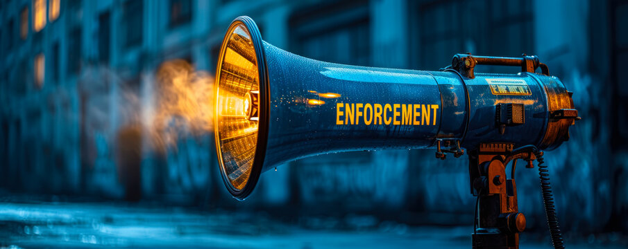 Enforcement concept with a vivid megaphone projecting the bold text ENFORCEMENT in gold and white, symbolizing authority and the need for compliance
