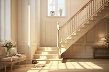 Whispers of Scandinavian simplicity resonate in the graceful ascent of a beige staircase, bathed in the soft glow of natural light.