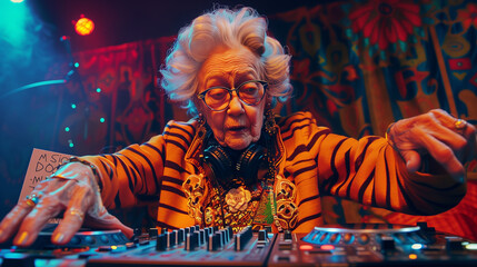 an older woman as a DJ, blending psychedelic portraiture with maximalist elements, captured in a close-up, trillwave style.