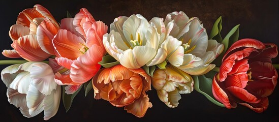 A mesmerizing display of five variegated and beautiful tulips arranged in a stunning bouquet placed on a wooden table.