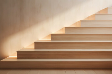 Minimalist Scandinavian stairs adorned with subtle beige hues, complemented by natural wood elements and soft ambient lighting.