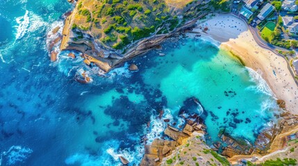Obraz na płótnie Canvas Rocky coastline, rugged cliffs meet pristine shores in a breathtaking display of natural beauty.