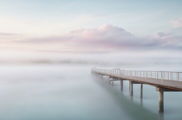 Fototapeta na wymiar misty morning landscape in pastel colors with river, pier and large cloud