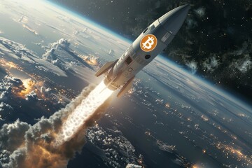 a rocket with the bitcoin logo flew into space.  concept of digital money, investment.