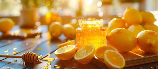 Golden honey jar amidst fresh, juicy lemons on a blue wooden table, highlighted by the warm sunlight filtering through a window. - obrazy, fototapety, plakaty