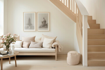 Clean lines and natural textures define a tranquil beige staircase in a Scandinavian home, bathed...