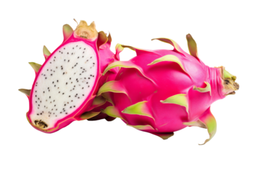 dragon fruit Pitaya fruit with half slice isolated on transparent background, ripe tropical natural fruit concept, Healthy food with high of vitamin and minerals. Freshness of juicy fruit.