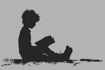 Silhouette of little boy reading book, rusty style black flat illustration isolated on white background. © Lion