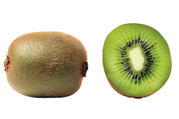 Obraz premium Kiwi fruit with half slice isolated on transparent background, ripe tropical natural fruit concept, Healthy food with high of vitamin and minerals. Freshness of juicy fruit.