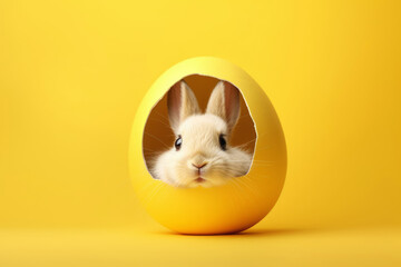 Bunny sitting on Easter egg on yellow studio background. Spring, Easter concept.