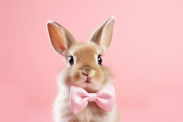 Easter bunny with pink bow tie on pink studio background. Spring, Easter concept.