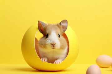 Mouse sitting on Easter egg on yellow studio background. Spring, Easter concept.