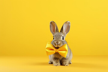 Fototapeta na wymiar Easter bunny with yellow bow tie on yellow studio background. Spring, Easter concept.