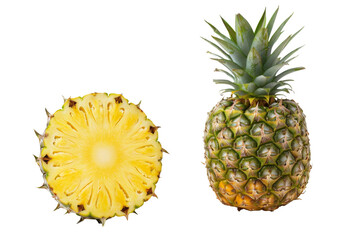 Pineapple with half slices falling or floating in the air with green leaves isolated on background, Fresh organic fruit with high vitamins and minerals.