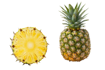 Pineapple with half slices falling or floating in the air with green leaves isolated on background, Fresh organic fruit with high vitamins and minerals.