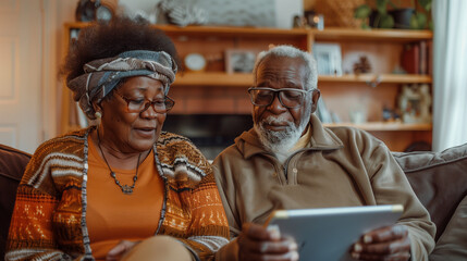 a senior black couple on a couch with a tablet, rendered in dark orange and emerald, featuring...