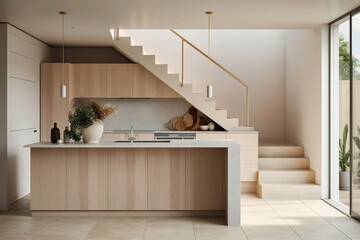 A modern Scandinavian kitchen with clean lines and warm beige accents, showcasing sleek appliances...
