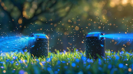 Voice activated robotic lawn sprinklers for effi - obrazy, fototapety, plakaty