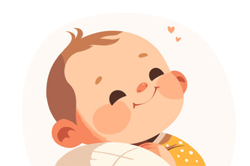 Cute little newborn smiling and sleeping on pillow. Simple flat vector illustration.