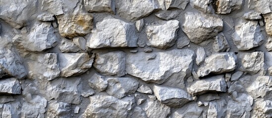 This close-up shot showcases a detailed view of a wall constructed entirely of rocks, creating a seamless texture of grey concrete stone. The individual rocks are tightly stacked together to form a