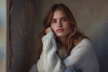 Fototapeta premium Thoughtful woman in a white sweater, sitting with legs crossed and chin resting on her hand.
