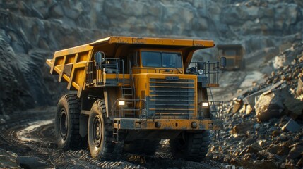 Open pit mine industry, big yellow mining truck for coal anthracite.