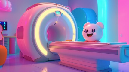 A welcoming children's MRI suite featuring a friendly cartoon character next to the MRI machine to ease young patients' experiences.
