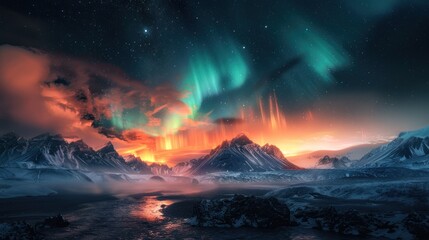 Northern lights dance across the Icelandic sky, casting an ethereal glow over the landscape.