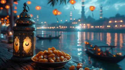 During the Muslim feast of Ramadan Kareem, a lantern with a moon symbol on the top and a plate of dates fruits are shown with bokeh light in the night sky. - obrazy, fototapety, plakaty