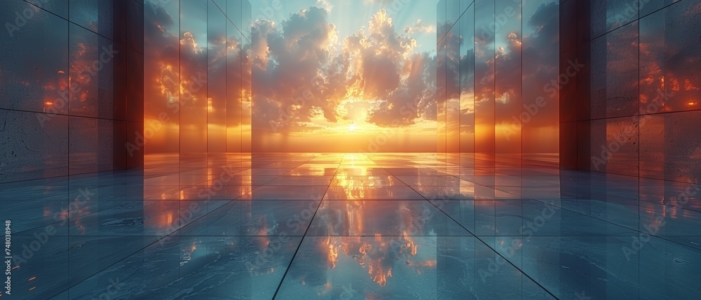 Leinwandbilder an illustration of a high rise building with a dark steel window system reflecting clouds on the gla
