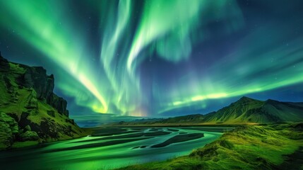 Northern lights dance across the Icelandic sky, casting an ethereal glow over the landscape. - obrazy, fototapety, plakaty