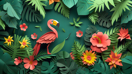 paper art, jungle scene, with lush foliage and exotic animals adorning the backdrop, during a humid tropical afternoon