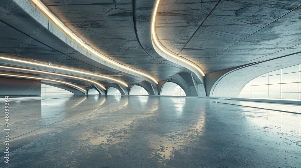 Poster This 3D rendering features a futuristic concrete architecture and a car park with an empty cement floor.