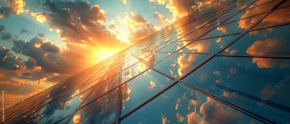 Fototapete 3d rendering of a high-rise building with dark steel windows and clouds reflecting on the glass. bus