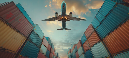 An airplane hovers overhead amidst containers against a cloudy sky - obrazy, fototapety, plakaty