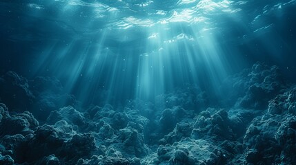 Fototapeta na wymiar Blue Sunlight in a Deep Abyss Underwater