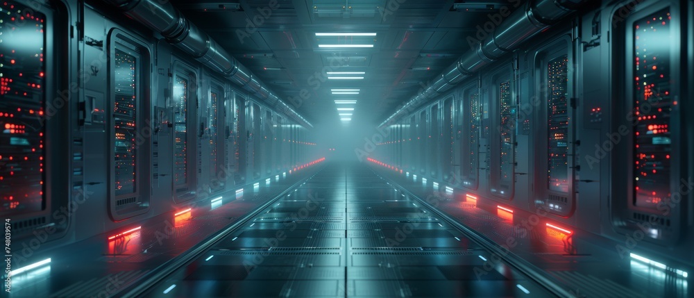 Poster The picture shows a working data center corridor full of rack servers and supercomputers projected on the wall with high internet visualization.