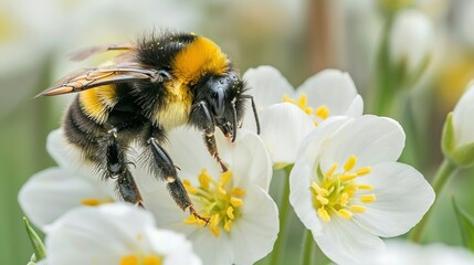 Obraz premium Busy bee pollinating spring flowers, a close-up showcasing the critical role of insects in our ecosystems